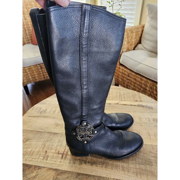 Tory Burch Amanda Leather Riding Boots Women's Size 8M Logo - Picture 1 of 16